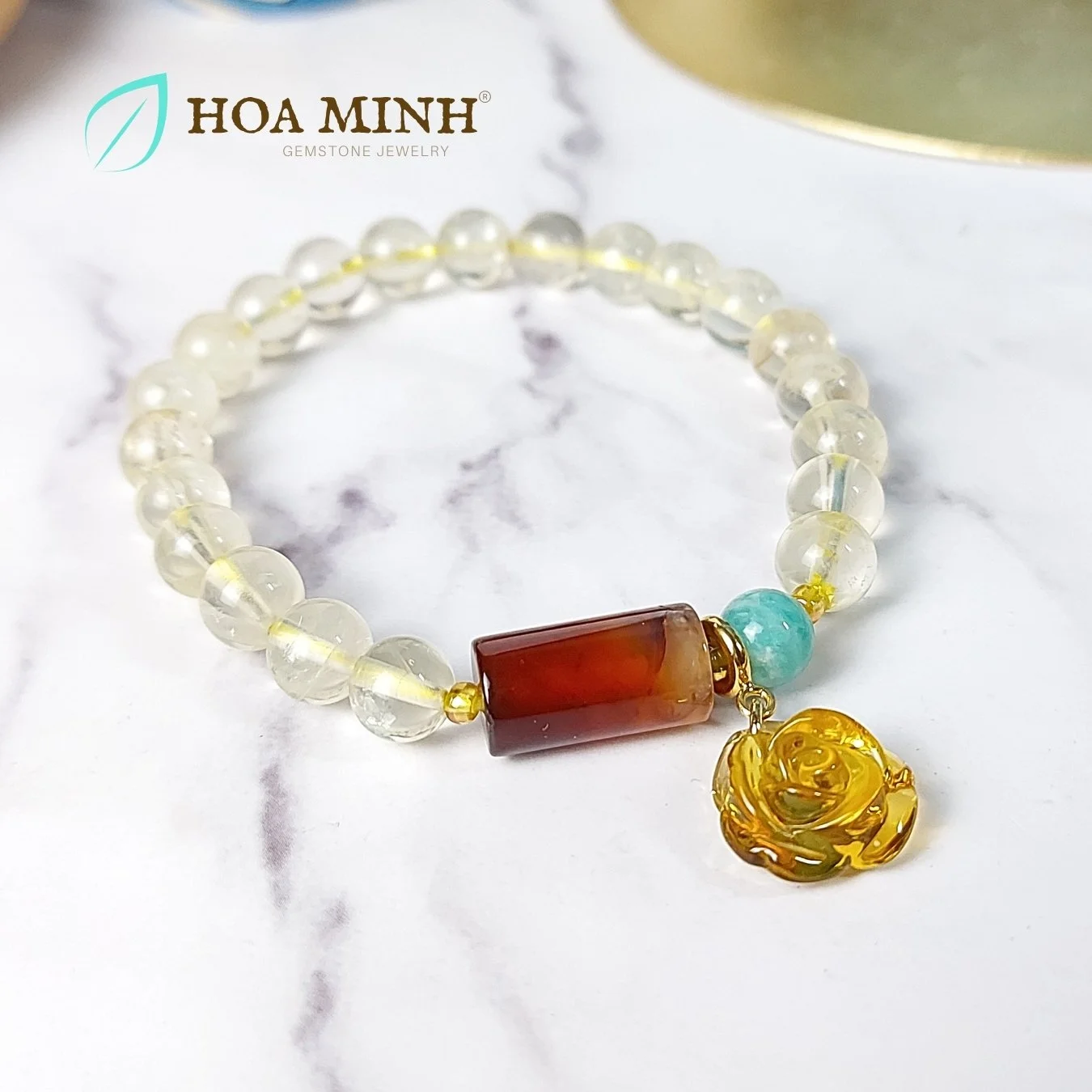 Vòng tay Thạch Anh vàng chanh lemon quartz tự nhiên 7.7 li phối charm treo hoa hồng, lu thống mã não dreamy trẻ trung, xinh xắn