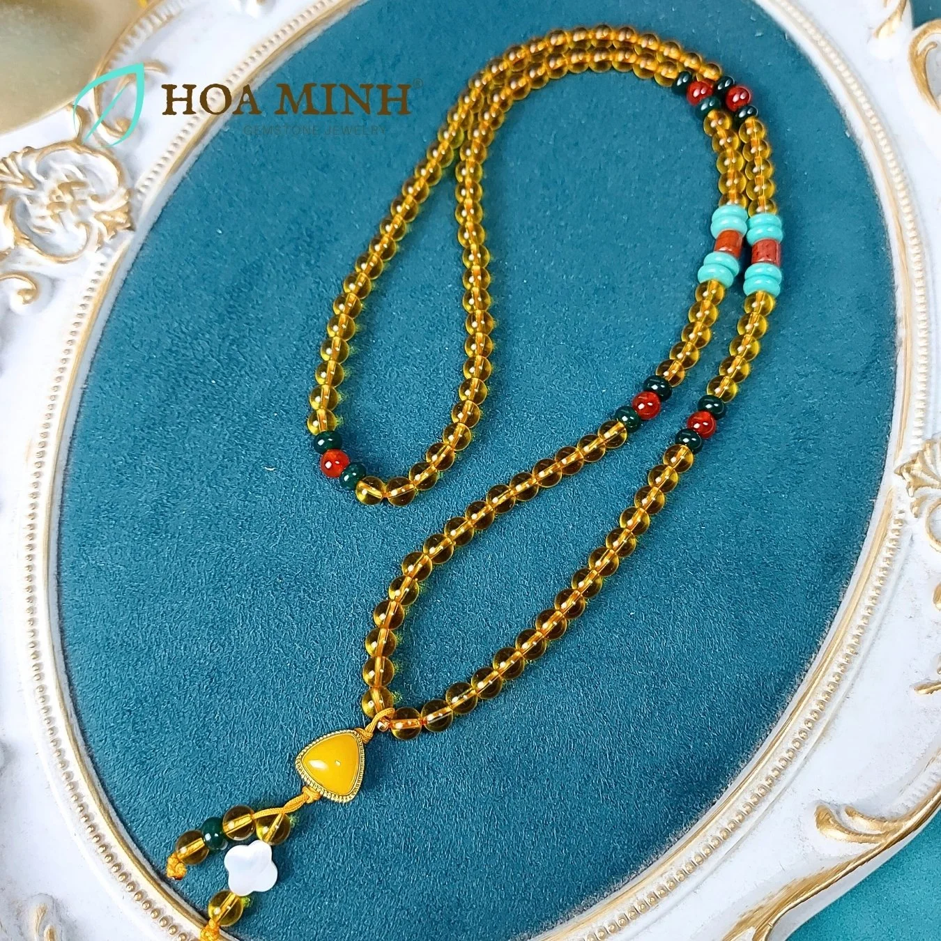Vòng chuỗi 108 hạt đá Thạch Anh vàng size 6 li phối ngọc jasper vuông, charm mã não, cỏ 4 lá xà cừ