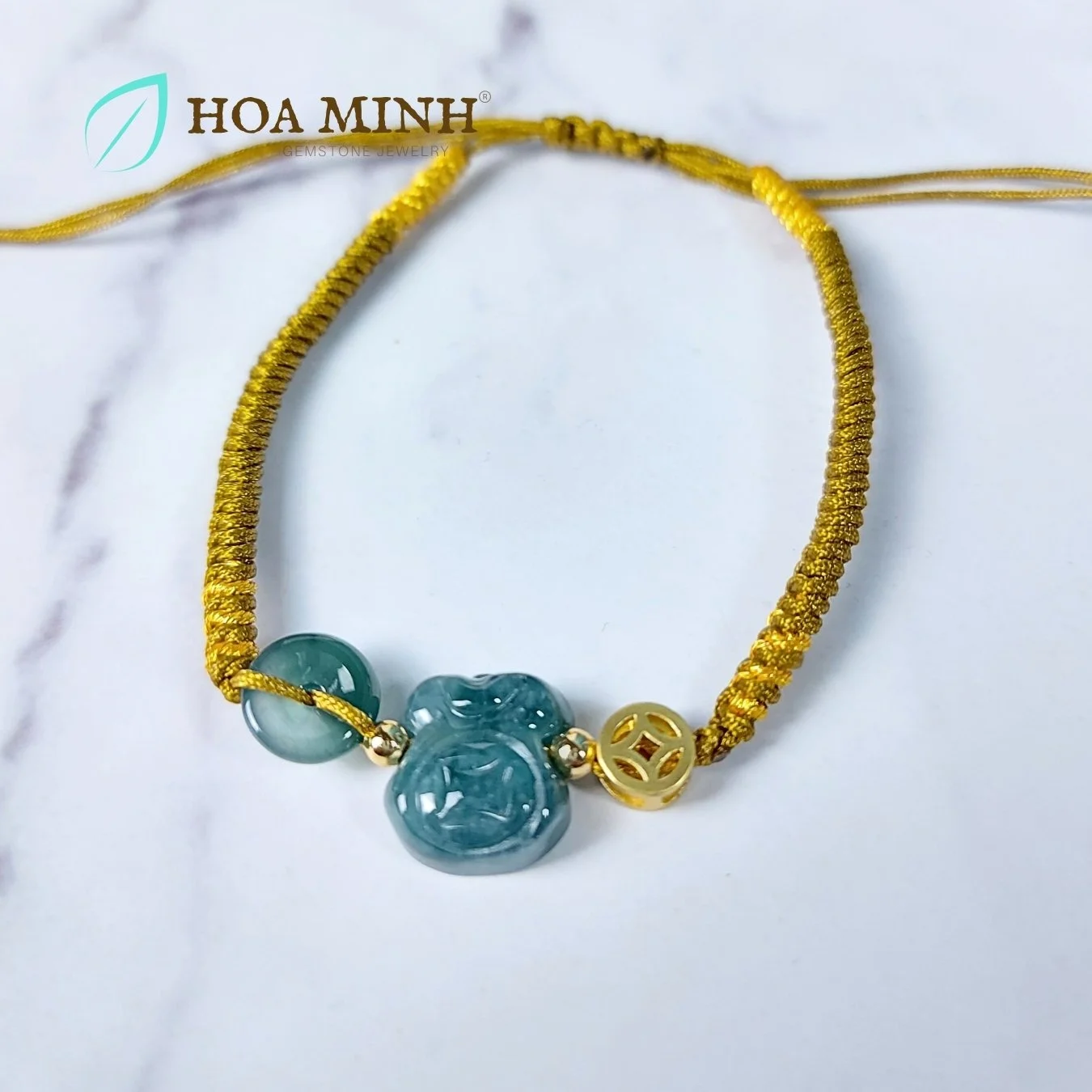 Vòng tay chỉ thắt handmade phối túi tiền, đồng điếu Cẩm Thạch ngọc lam, charm kim tiền