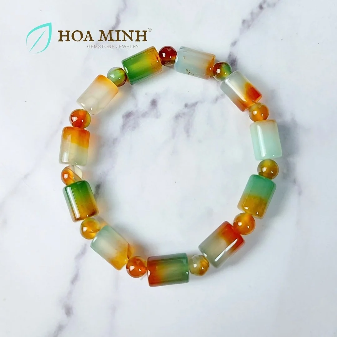 Vòng tay phong thủy đá Mã Não tứ quý kiểu lu thống size 8x11 li phối viên tròn size hạt 6 li phong cách thời trang
