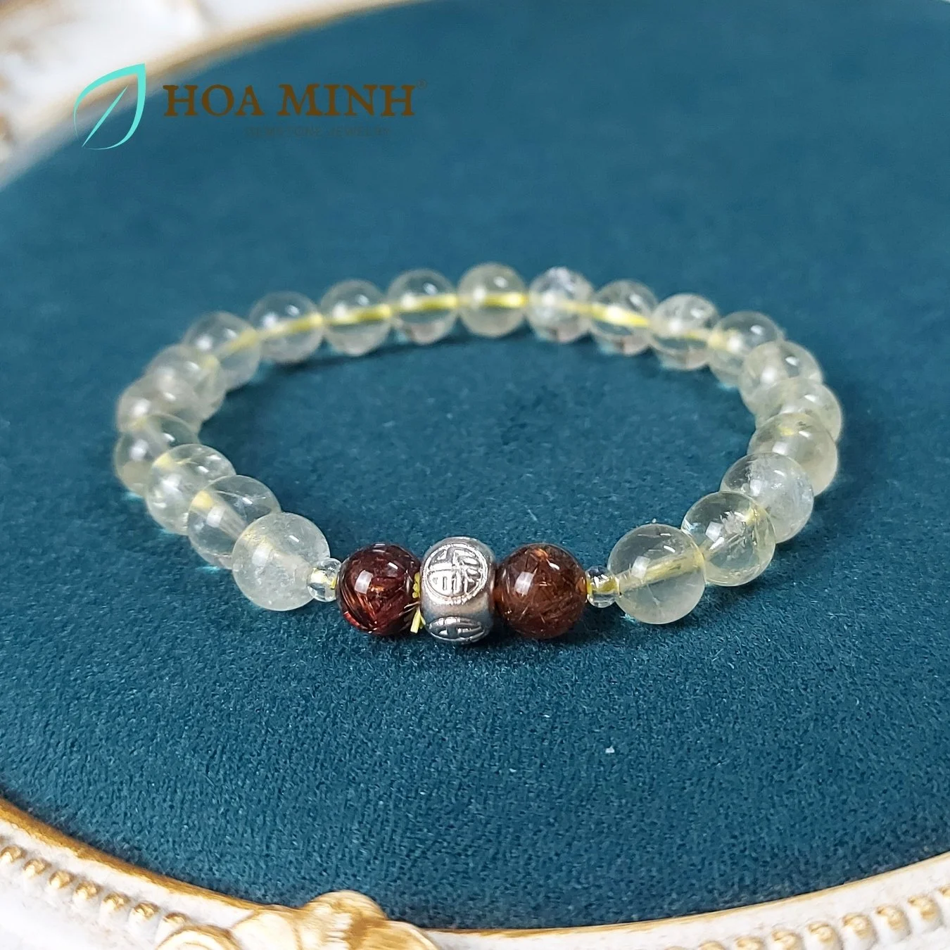 Vòng tay đá Thạch Anh Lemon Quartz size hạt 7.7mm phối charm bi bạc chữ Phúc, viên thạch anh tóc nâu đỏ sang trọng