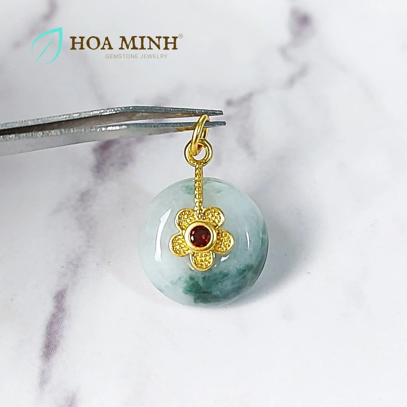 Mặt dây đồng điếu Cẩm Thạch hoa bay size lớn đk 17.9mm dày 5.6mm móc xi vàng cao cấp