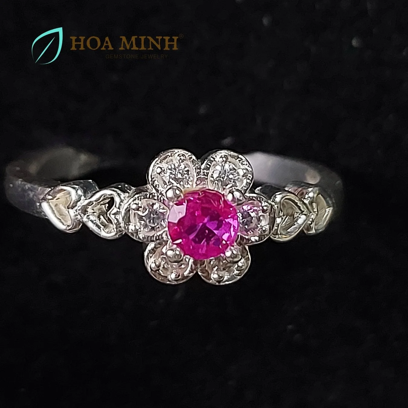 Nhẫn bạc hoa mai 6 cánh tròn đính đá màu vàng, màu hồng ruby size viên chủ 15.5mm xinh xắn