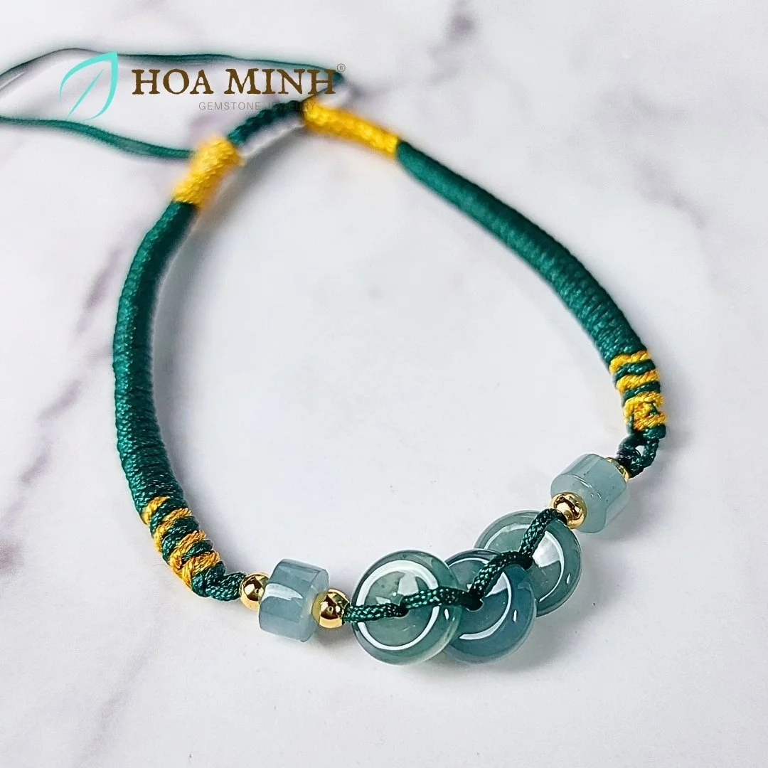 Vòng chỉ thắt handmade mix 3 đồng điếu 8.8 li, lu thống đá Cẩm Thạch ngọc lam tài lộc