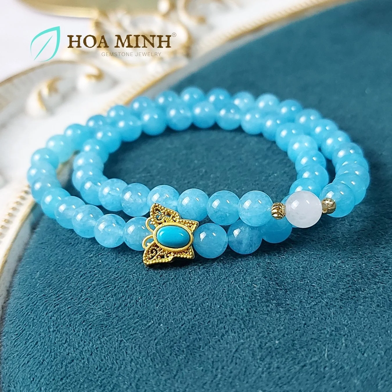 Vòng tay quấn 2 đá Aquamarine size 6.5 li phối viên mã não trắng và bi cắt giác, charm bướm hồ điệp xinh xắn, thời trang