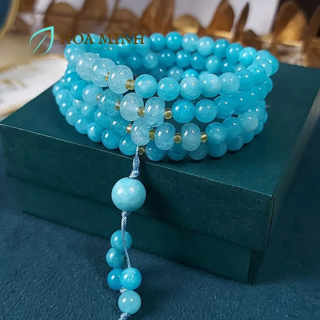 Vòng chuỗi 108 hạt đá Mã Não màu xanh thiên thanh size hạt 6.5 li phối xen kẽ viên bánh xe phong thủy bình an, may mắn