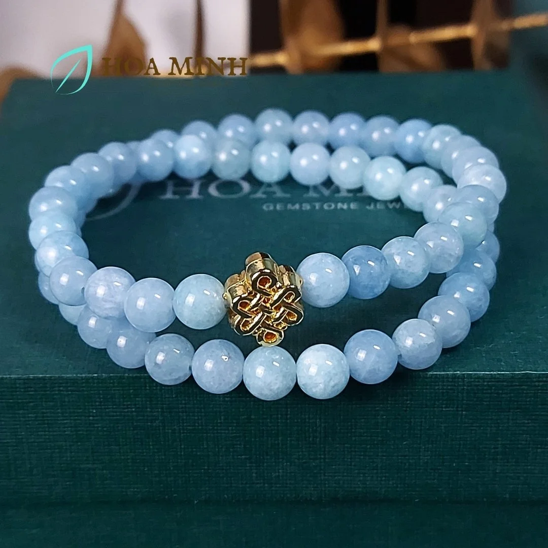 Vòng tay quấn 2 đá Mã Não màu xanh biển phớt size hạt 6 li phối charm cát tường
