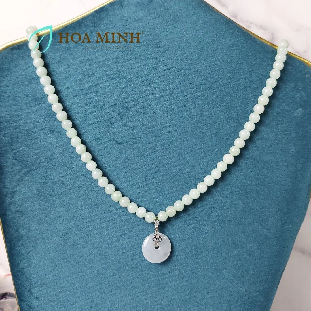 Chuỗi đeo cổ 108 hạt Cẩm Thạch A xanh táo size hạt 5.8 li phối mặt điếu cẩm thạch phong thủy bình an, may mắn