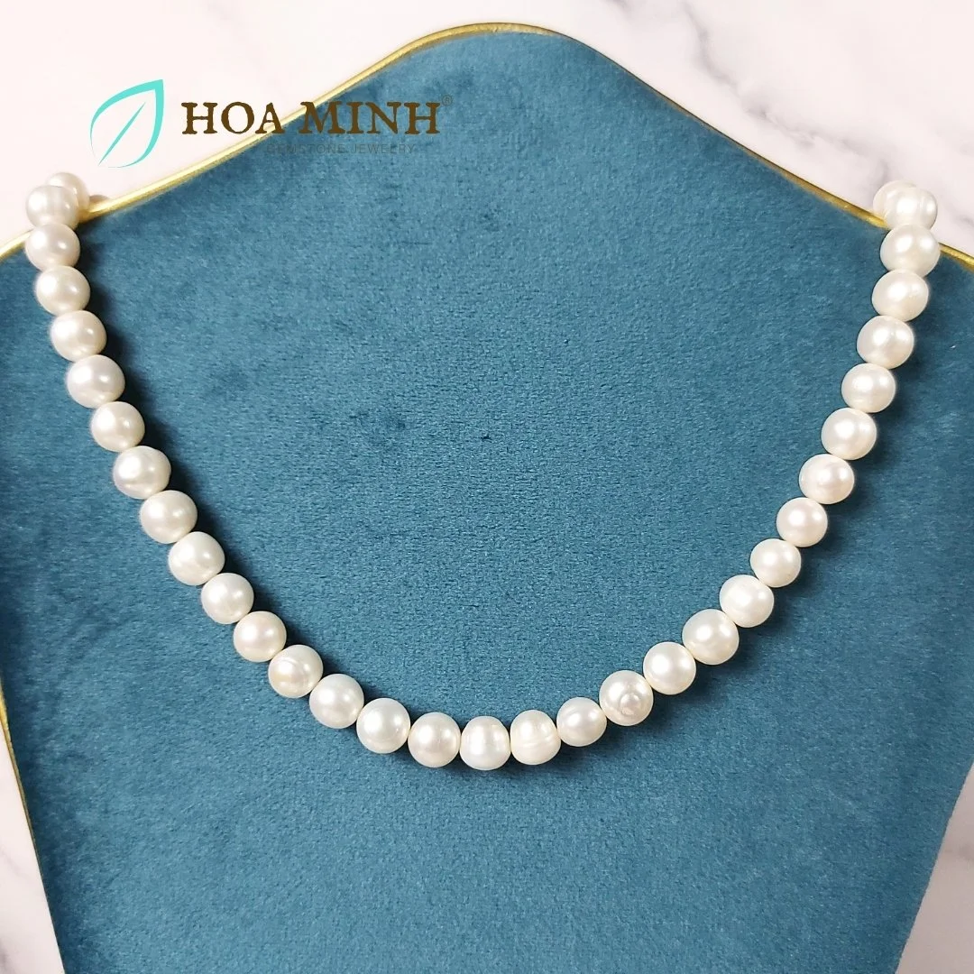 Chuỗi cổ Ngọc Trai trắng nuôi nước ngọt tự nhiên rất đẹp size ngọc 8-9 li dài dây đến 50cm khoá móc càng cua cao cấp