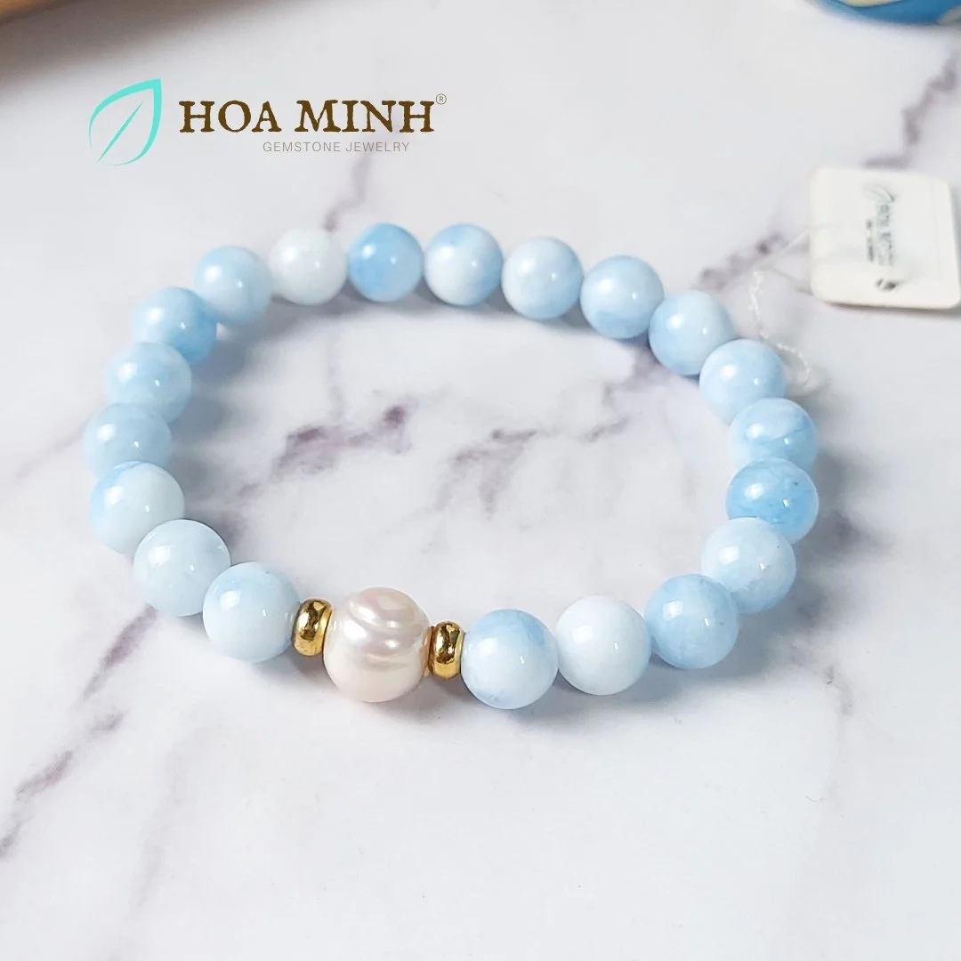 Vòng tay đá Mã Não xanh phớt size hạt 8.2 li phối viên ngọc trai charm bánh xe xi vàng sang trọng