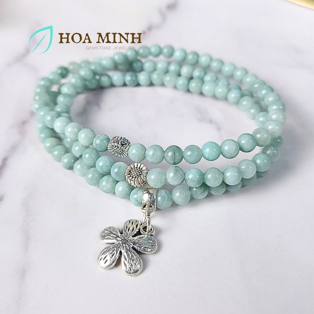 Vòng tay quấn 3 đá Mã Não màu xanh ngọc phớt size mini 4.5 li xinh xắn phối charm hoa mai