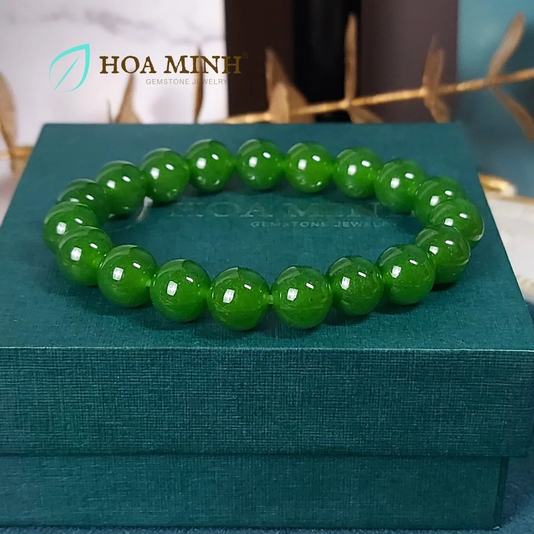 Vòng Tay Phong Thủy đá Mã Não xanh màu ngọc bích size hạt 9.9 li tuyệt đẹp thời trang