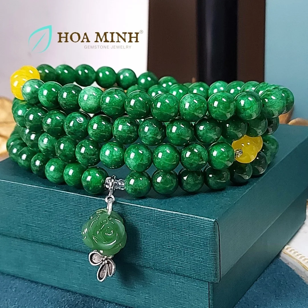 Vòng chuỗi 108 hạt Cẩm Thạch sơn thủy size hạt 8.6 li phối charm hoa hồng, bánh xe mã não vàng phong cách thanh tịnh, bình an 
