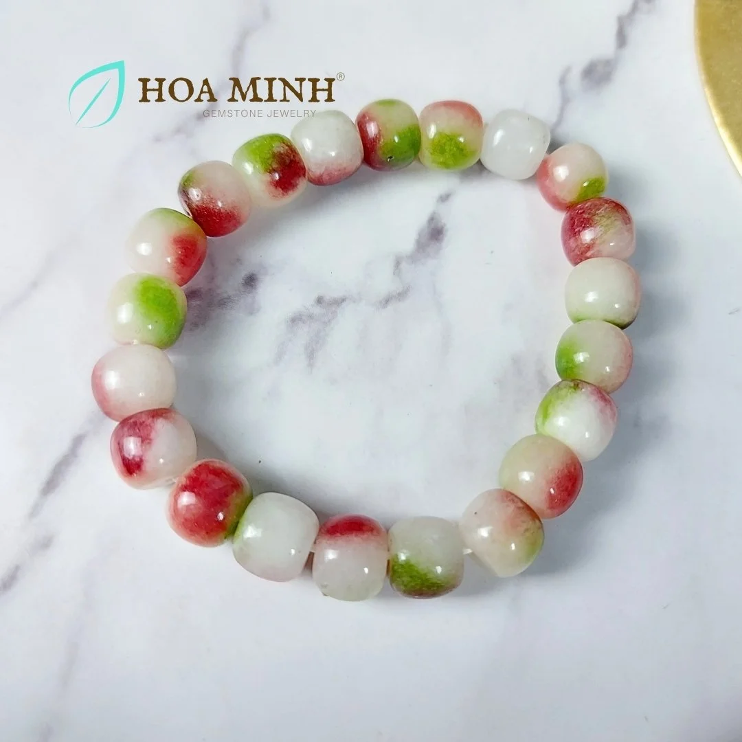 Vòng tay phong thủy kiểu lu thống vuông đá Mã Não dưa hấu size hạt 10 li 21 viên sinh trợ tài lộc cát tường