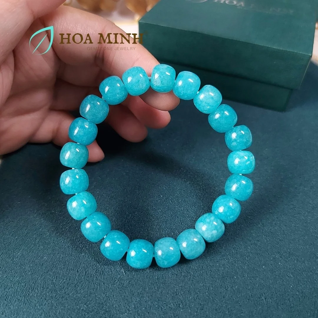 Vòng tay Hoa Minh Gem kiểu lu thống đá Mã Não màu xanh thiên thanh size hạt 10 li phong thủy an lành, cát tường