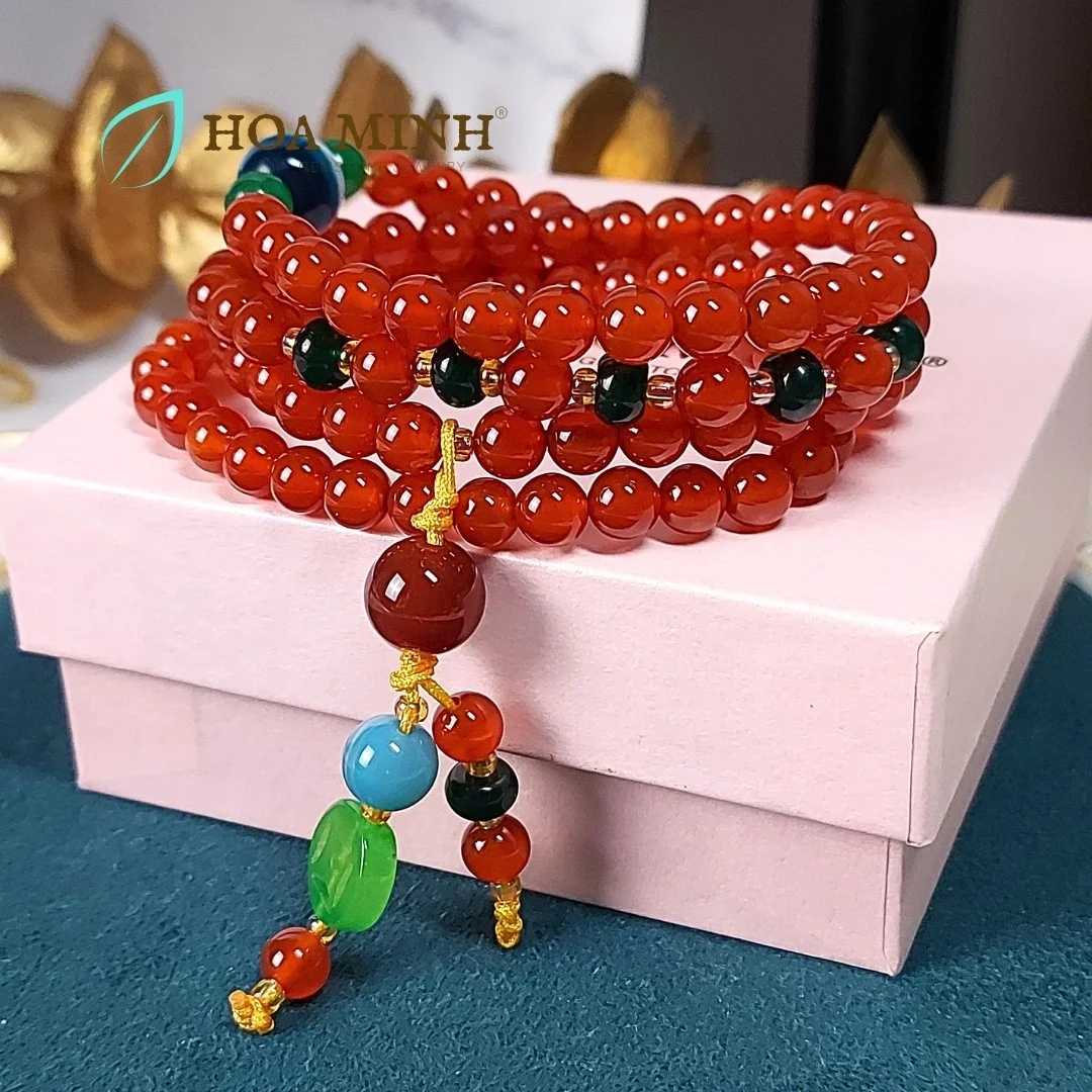 Vòng tay chuỗi 108 hạt Mã Não đỏ size 6 li phối các loại đá mã não khác, phong cách trang nhã, bình an
