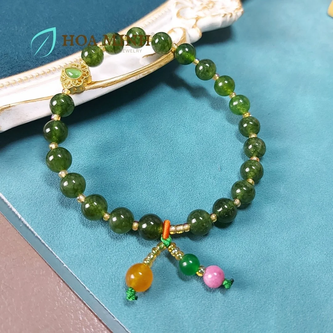 Vòng chuỗi tay niệm 21 viên đá Mã Não xanh màu ngọc bích size hạt 8.4 li phối charm lá bồ đề cách điệu, các viên đá mã não