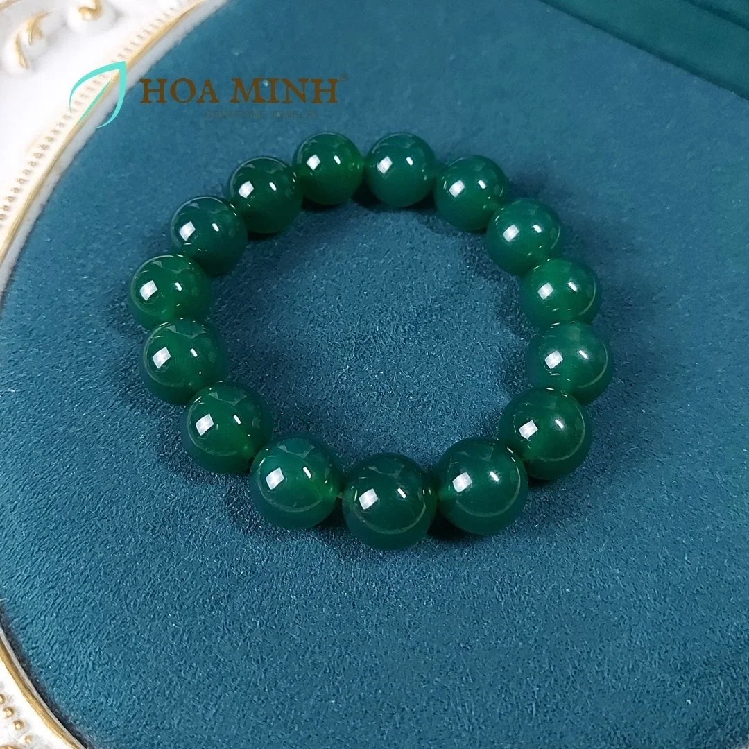 Vòng tay phong thủy đá Mã Não xanh lá VIP size hạt 14 li