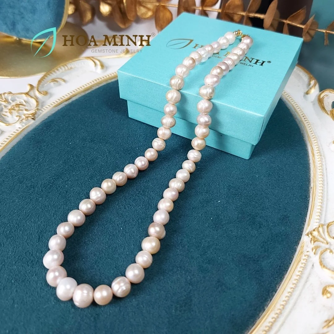Chuỗi cổ Ngọc Trai hồng phớt size ngọc 8-9 li dài dây 43cm ngọc trai nuôi nước ngọt tự nhiên phong cách kiều diễm, sang trọng