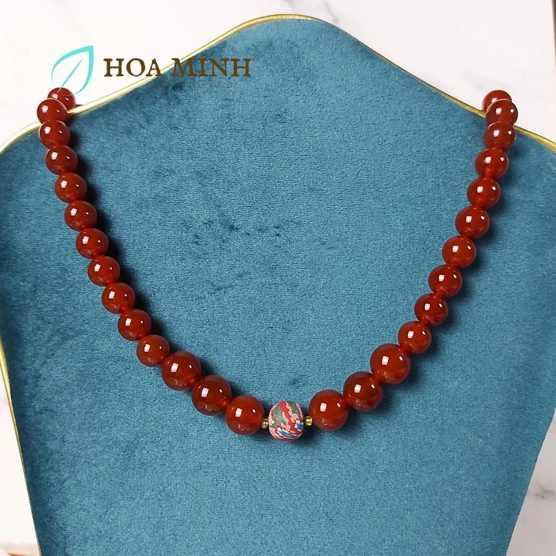 Chuỗi đeo cổ đá Mã Não đỏ mận/đậm VIP size hạt 10-12 li phối viên đất sét hoa phong cách truyền thống nền nả, duyên dáng