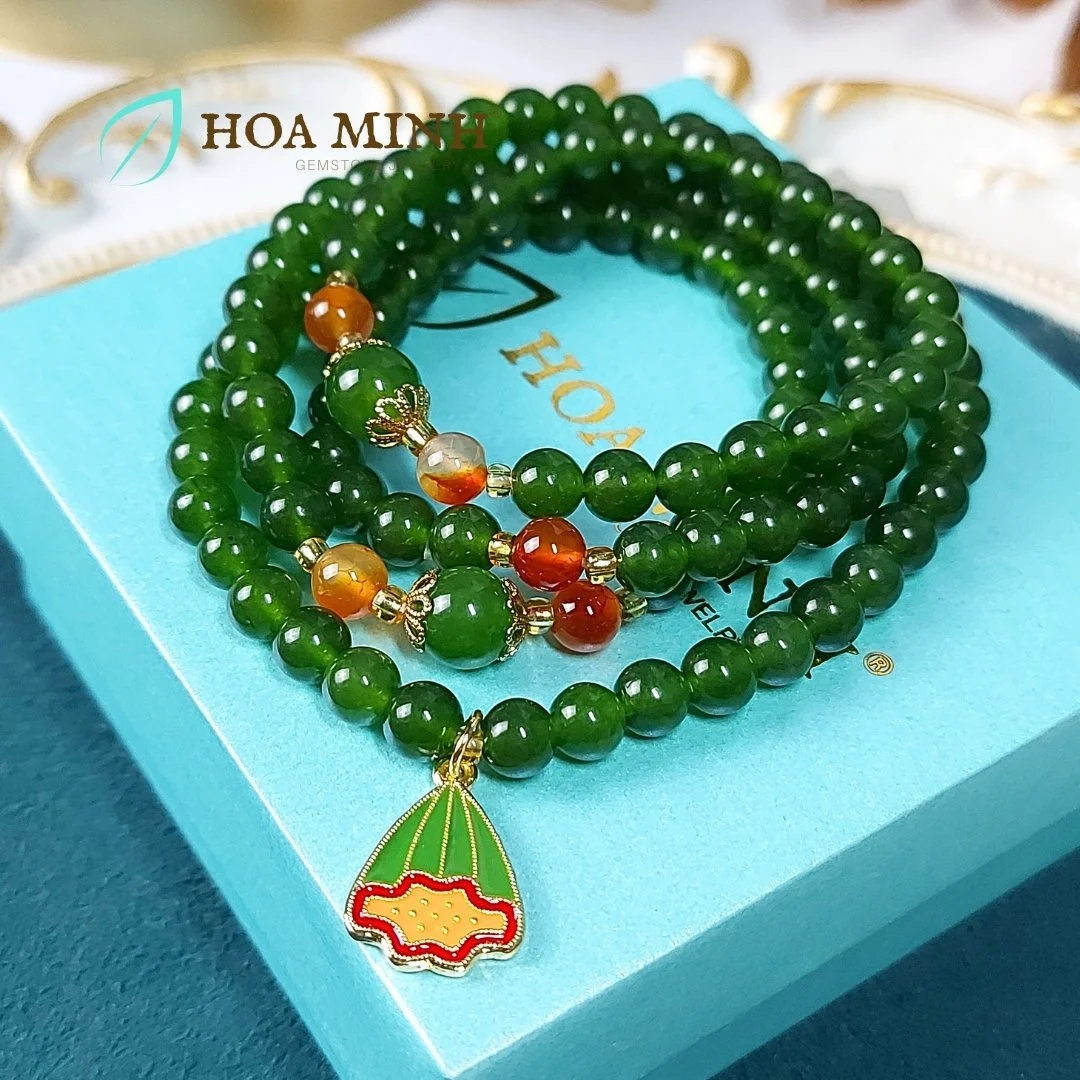 Vòng chuỗi 108 hạt đá Mã Não xanh màu ngọc bích size 6 li phối viên mã não cam vân rạn, charm treo nụ hoa xinh duyên dáng cát tường