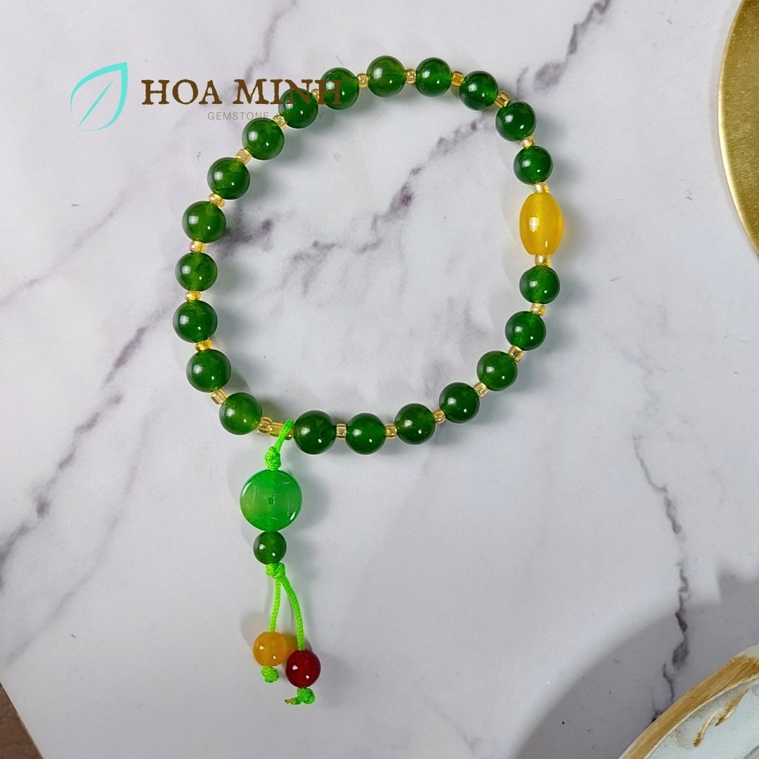Vòng chuỗi niệm 21 viên, đá Mã Não xanh lá size hạt 8 li phối viên lu thống mã não vàng, charm kim tiền đá mã não xanh