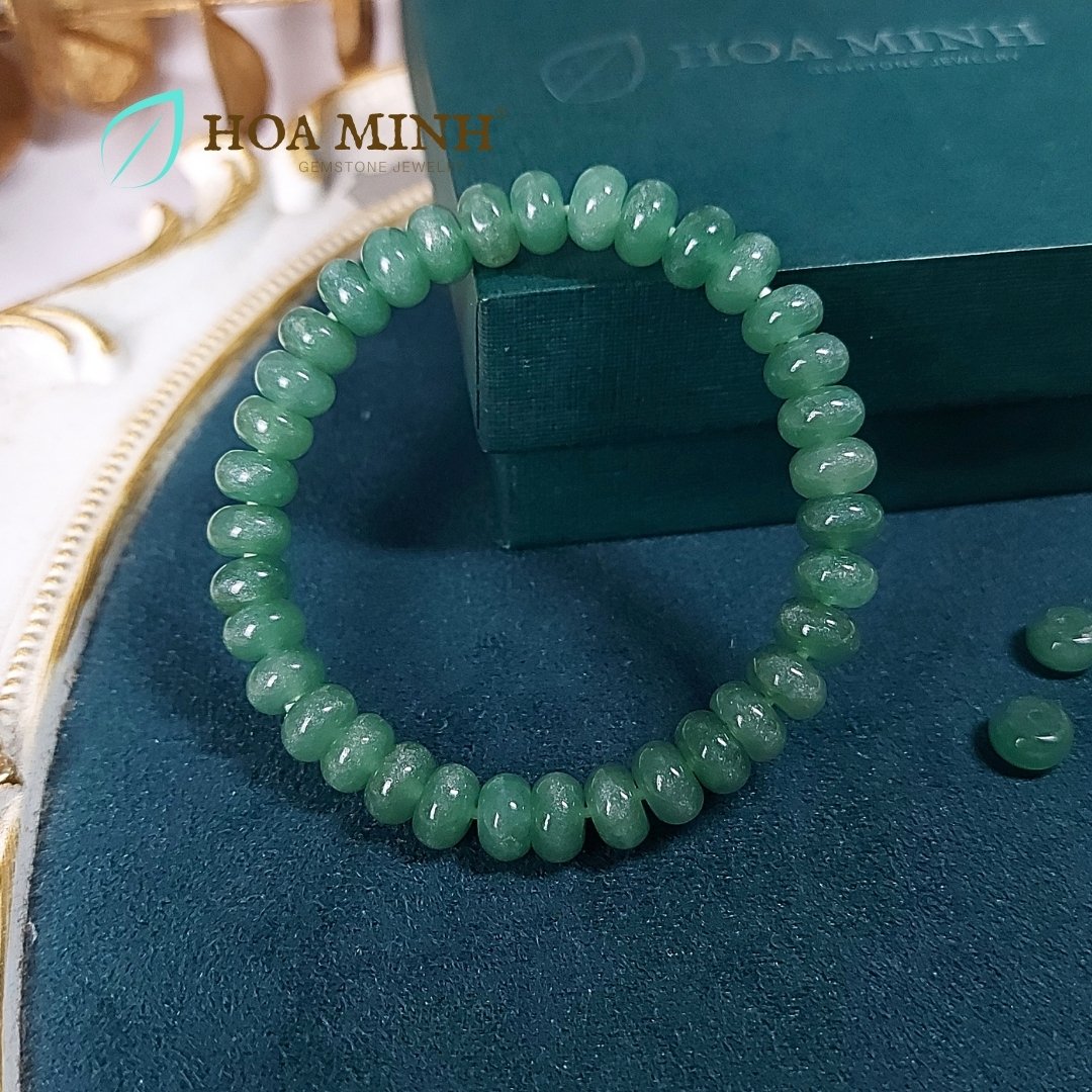 Vòng tay phong thủy đá Mã Não xanh lá kiểu hạt bánh xe size 8.4 li độc đáo