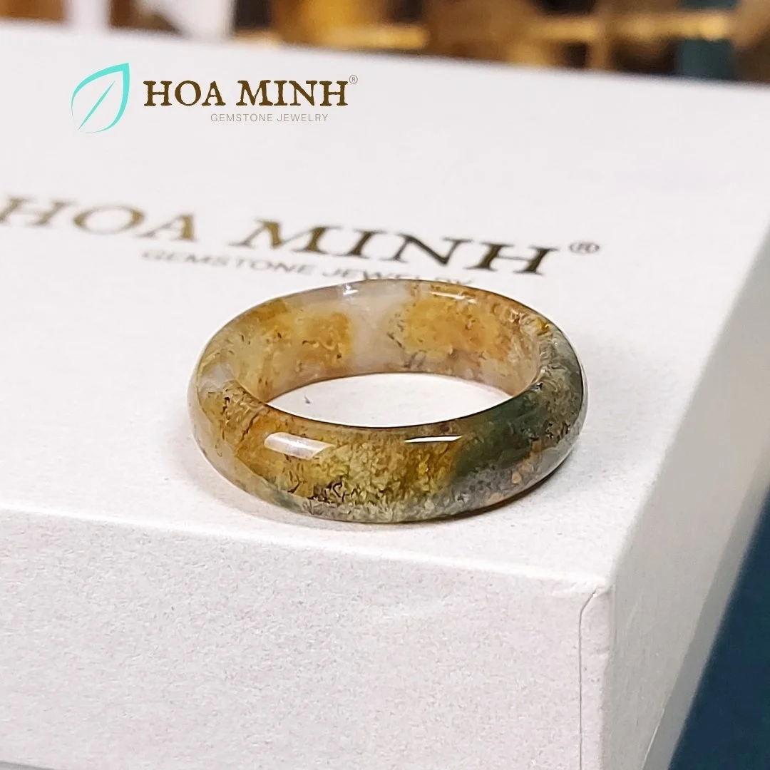 Nhẫn đá Mã Não băng ngọc thủy tảo (moss agate) size đk 19-20mm dày 6.5 li độc đáo