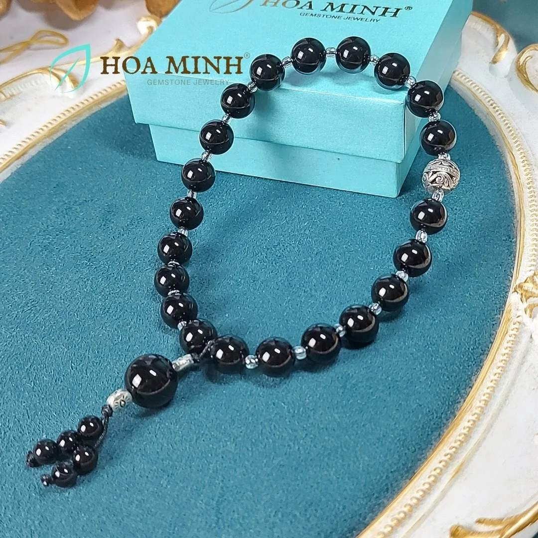 Chuỗi niệm 21 viên đá Mã Não đen size hạt 10 li phối charm bi xi bạc