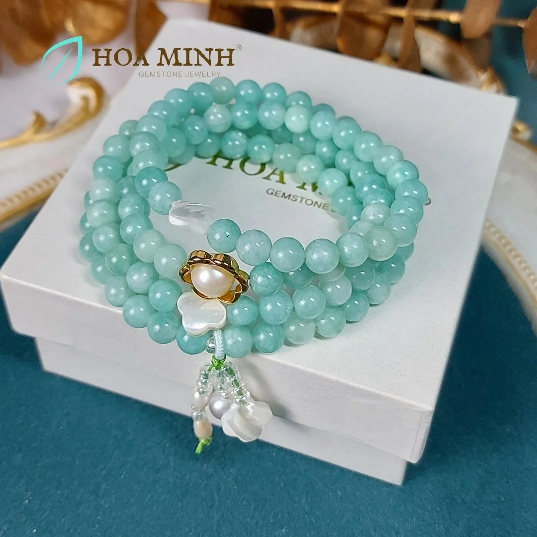 Vòng tay chuỗi 108 hạt đá Mã Não màu xanh ngọc size 6 li phối viên ngọc trai charm ốp hoa, cỏ 4 lá đá xà cừ thanh lịch