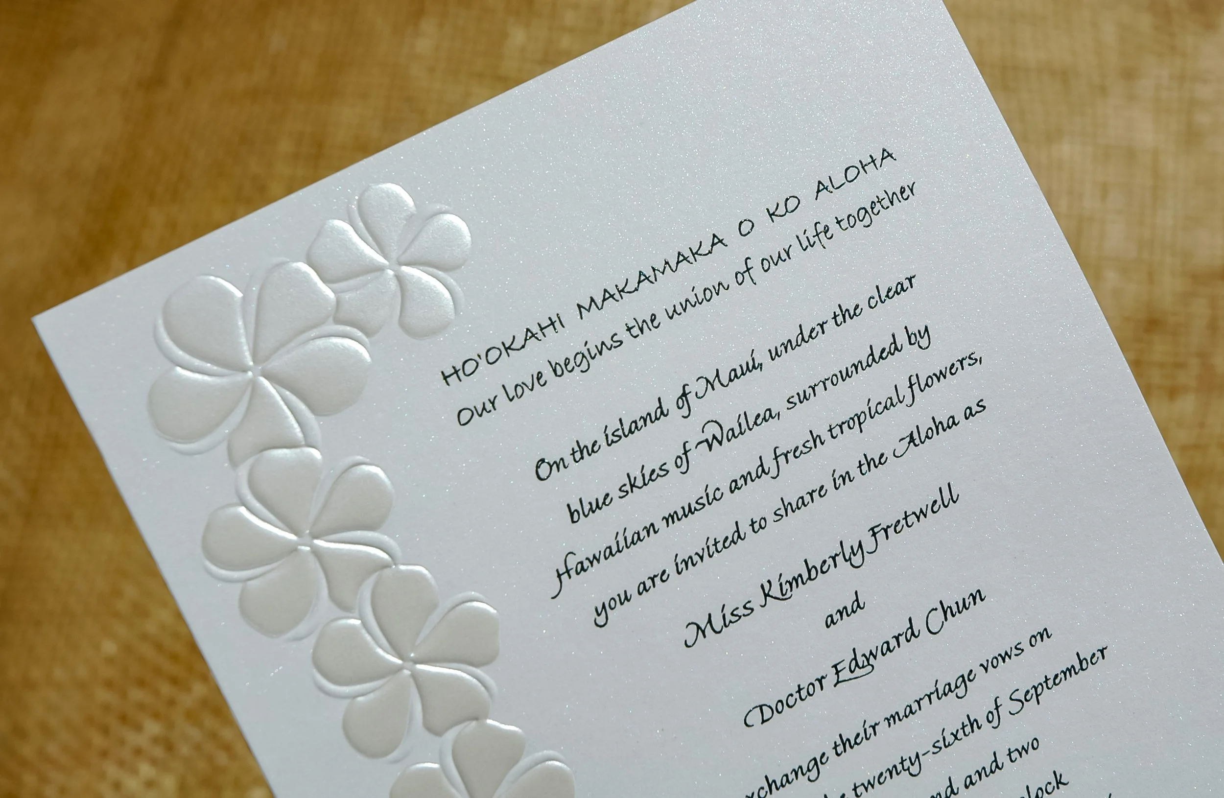 Embossed and Foiled Plumeria Wedding Invitation