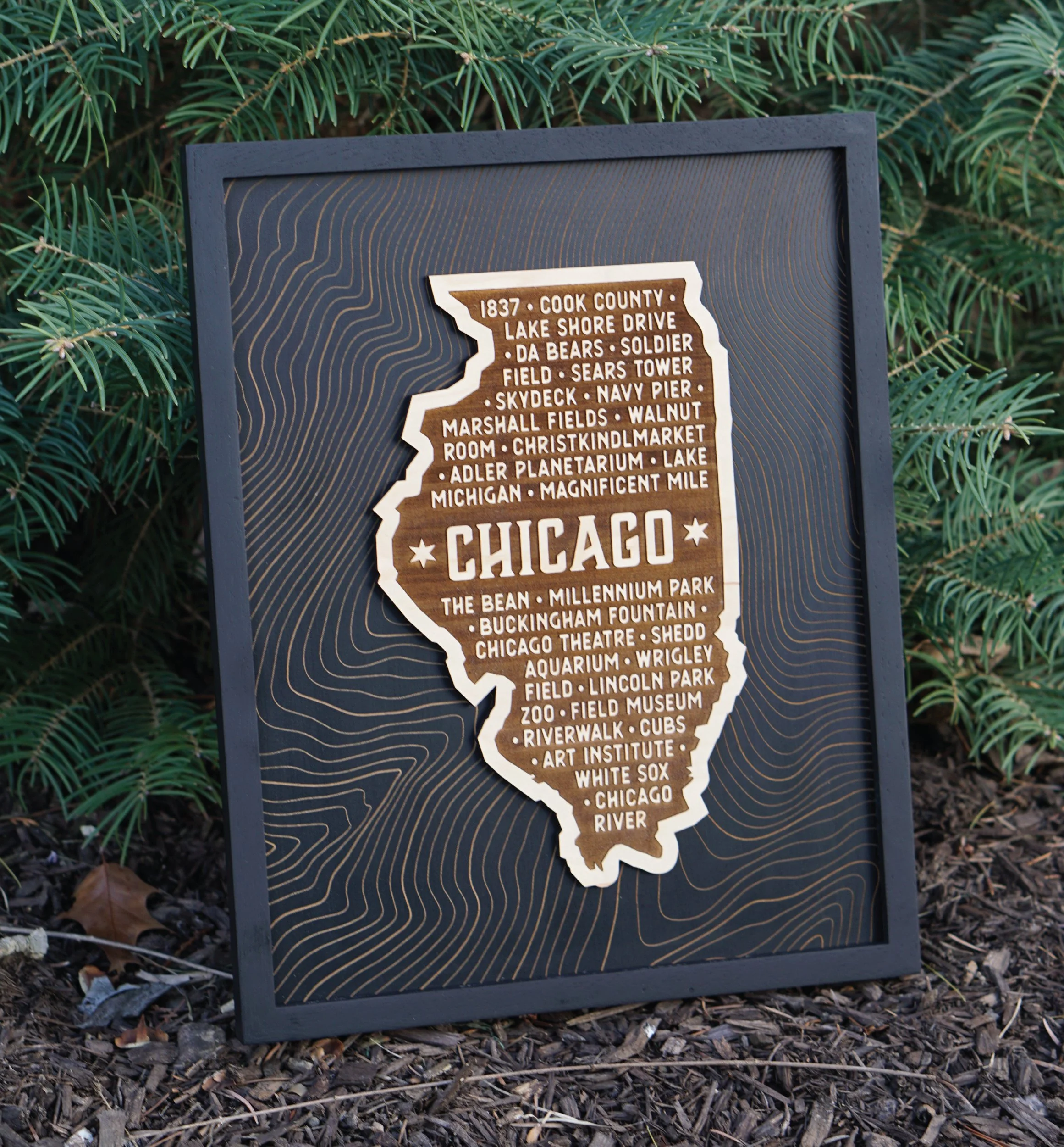 Chicago Illinois Highlights Framed Wood Art — Laser Engraved Heritage Print