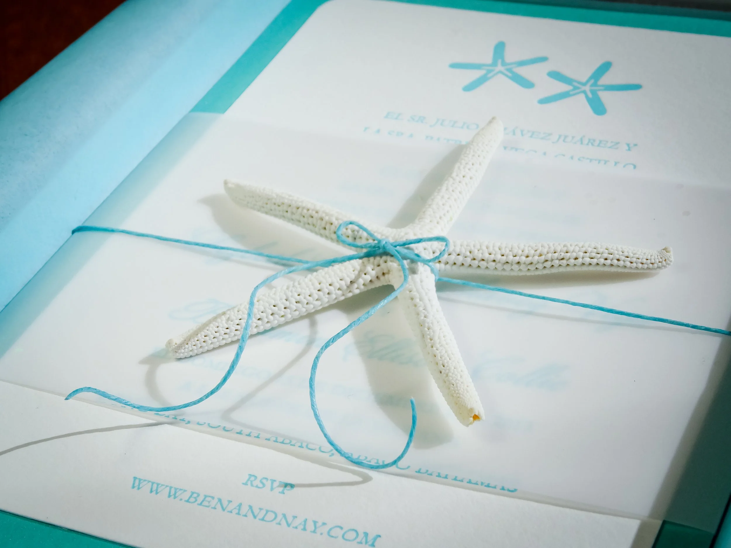 Tropical Hoku Starfish Letterpress Wedding Invitation in Aqua