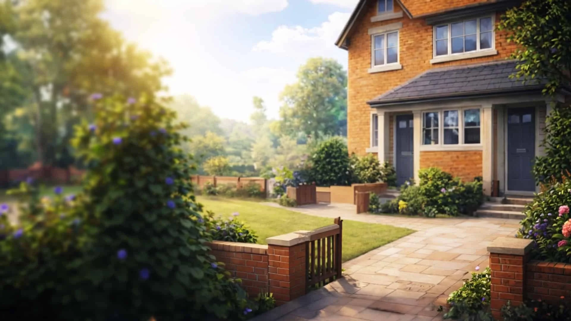 A cosy brick house with a grey door and white-framed windows, surrounded by a well-maintained garden with flowering shrubs and a small wooden gate, under a sunny sky with green trees in the background.