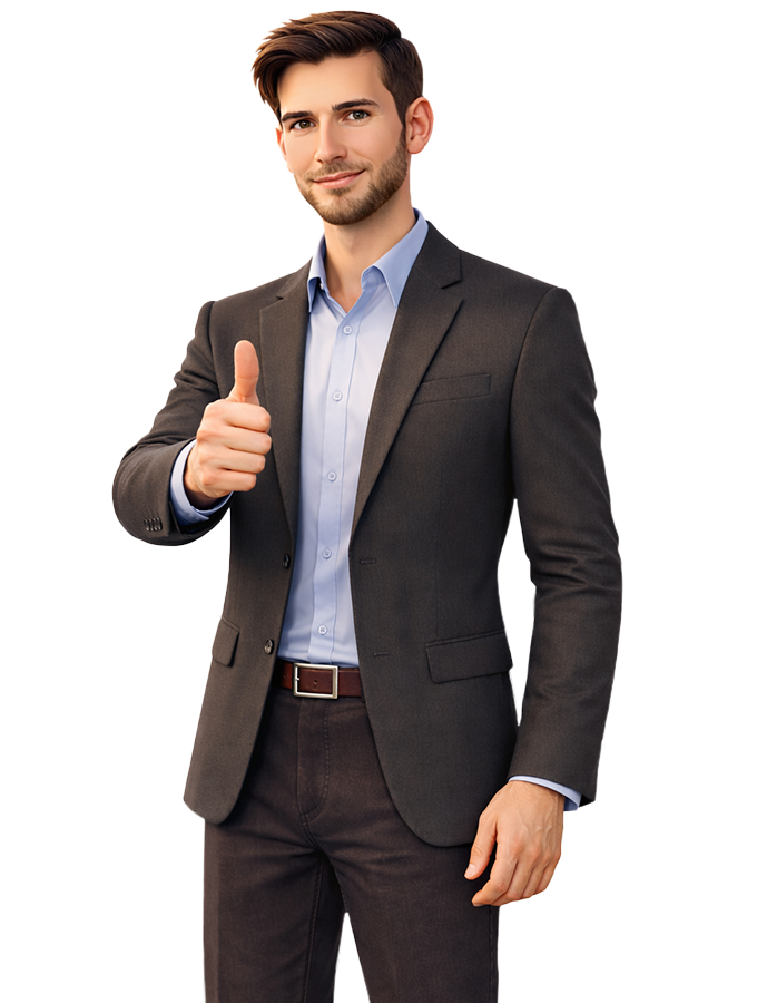 A young man in a gray suit giving a thumbs-up.