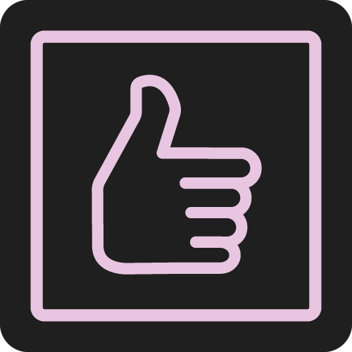 A neon sign with a pink thumbs-up icon inside a square, on a black background.