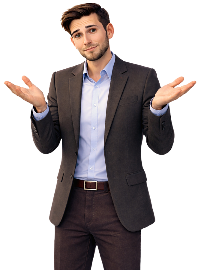 Man in a gray suit with a blue shirt shrugging his shoulders.