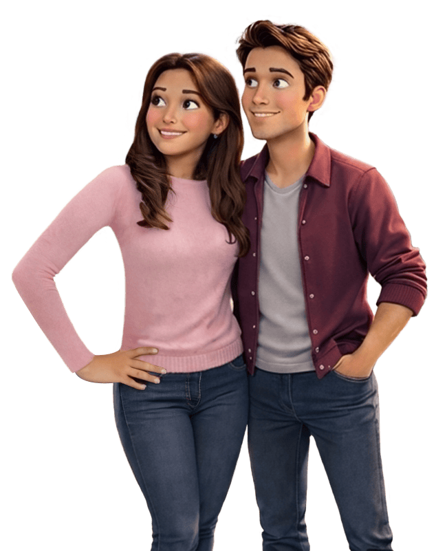 A young woman and a young man stand close together, smiling, with the woman's arm around the man's waist and the man's hand in his pocket, both wearing casual clothing.