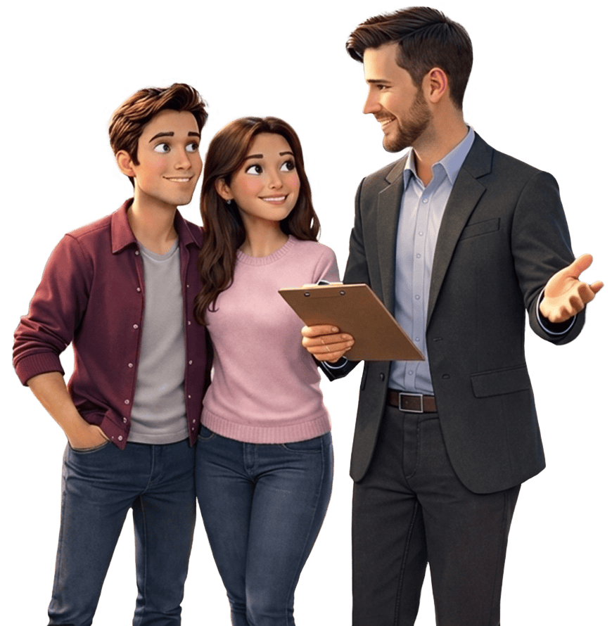 Two young adults, a man and a woman, look at each other happily while talking to a professional man holding a clipboard.