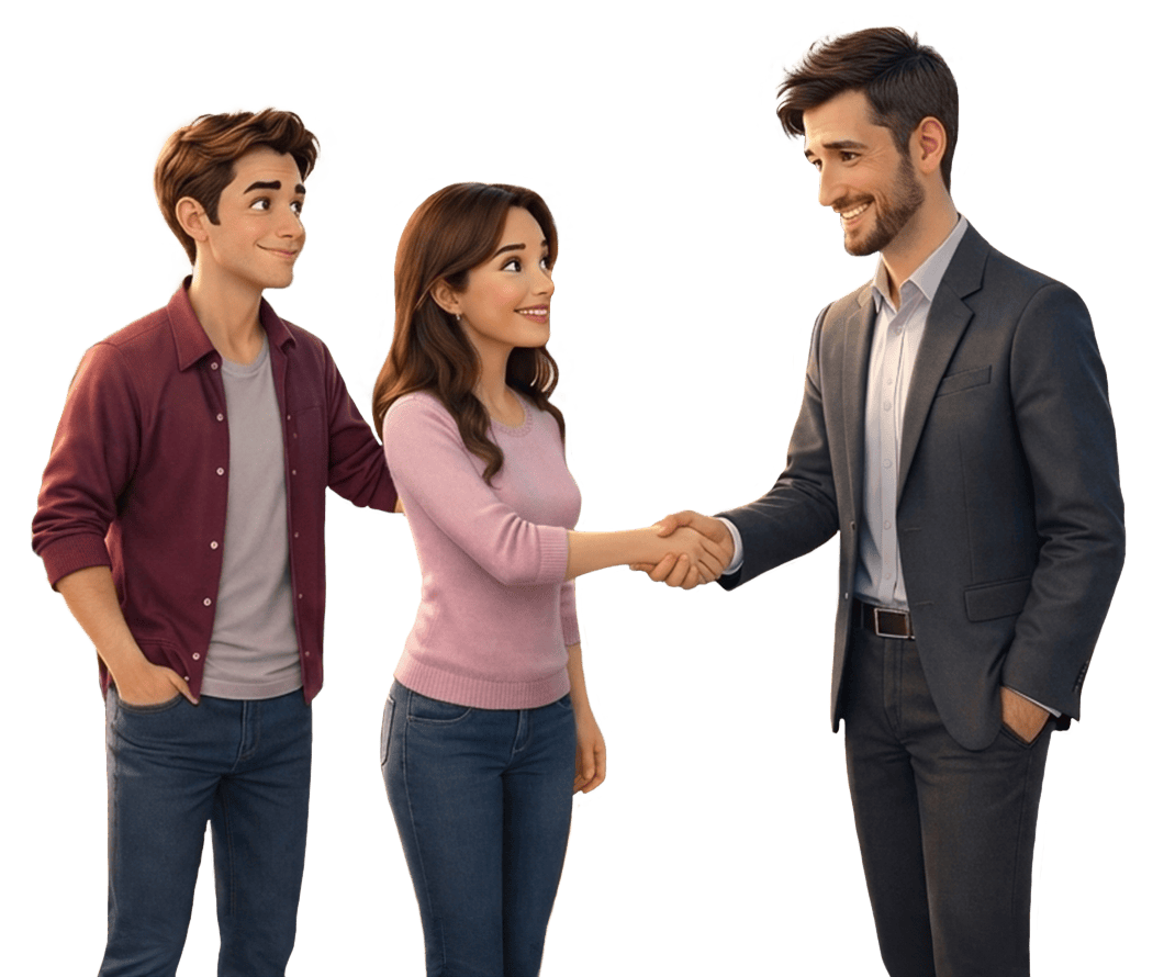 A man in a suit shaking hands with a woman while a young man stands beside them, smiling.