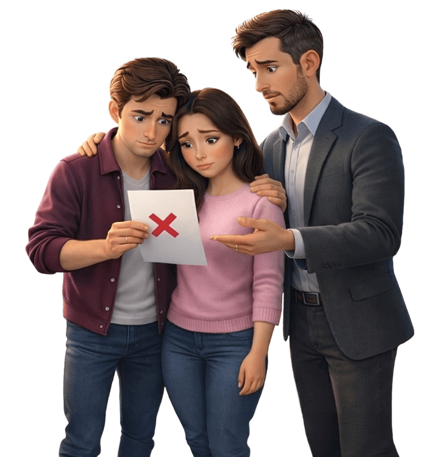 A man in a suit is showing a document with a red 'X' symbol to a young girl and a young boy, who are looking at it with worried expressions. The boy is holding the document, and the girl is standing between them.