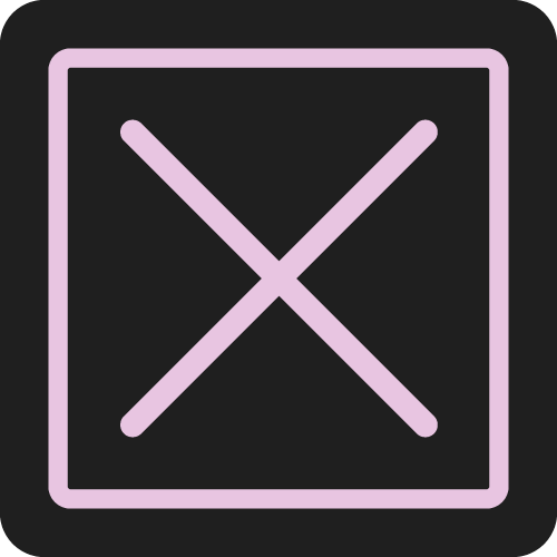 A neon sign with a black background and a pink border, displaying a pink "X" inside a square boundary.