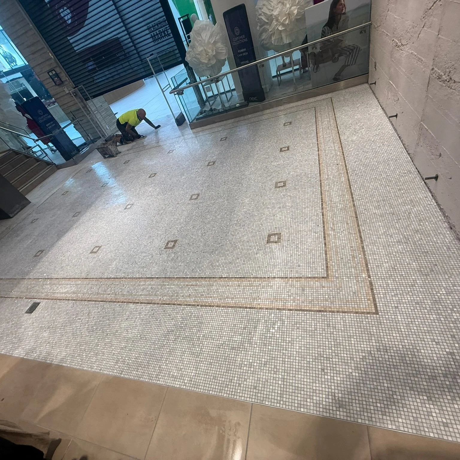 First impressions count.

We recently completed a ceramic installation for Next, installing a mosaic pad with a planned pattern at the entrance to a shopping mall, creating a familiar and welcoming arrival for customers entering the store.

As with m