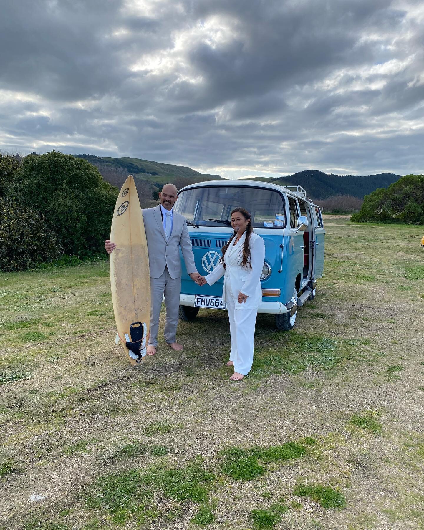 Waimarama wedding, renewing vows, loved the surf board and Kombi transport!