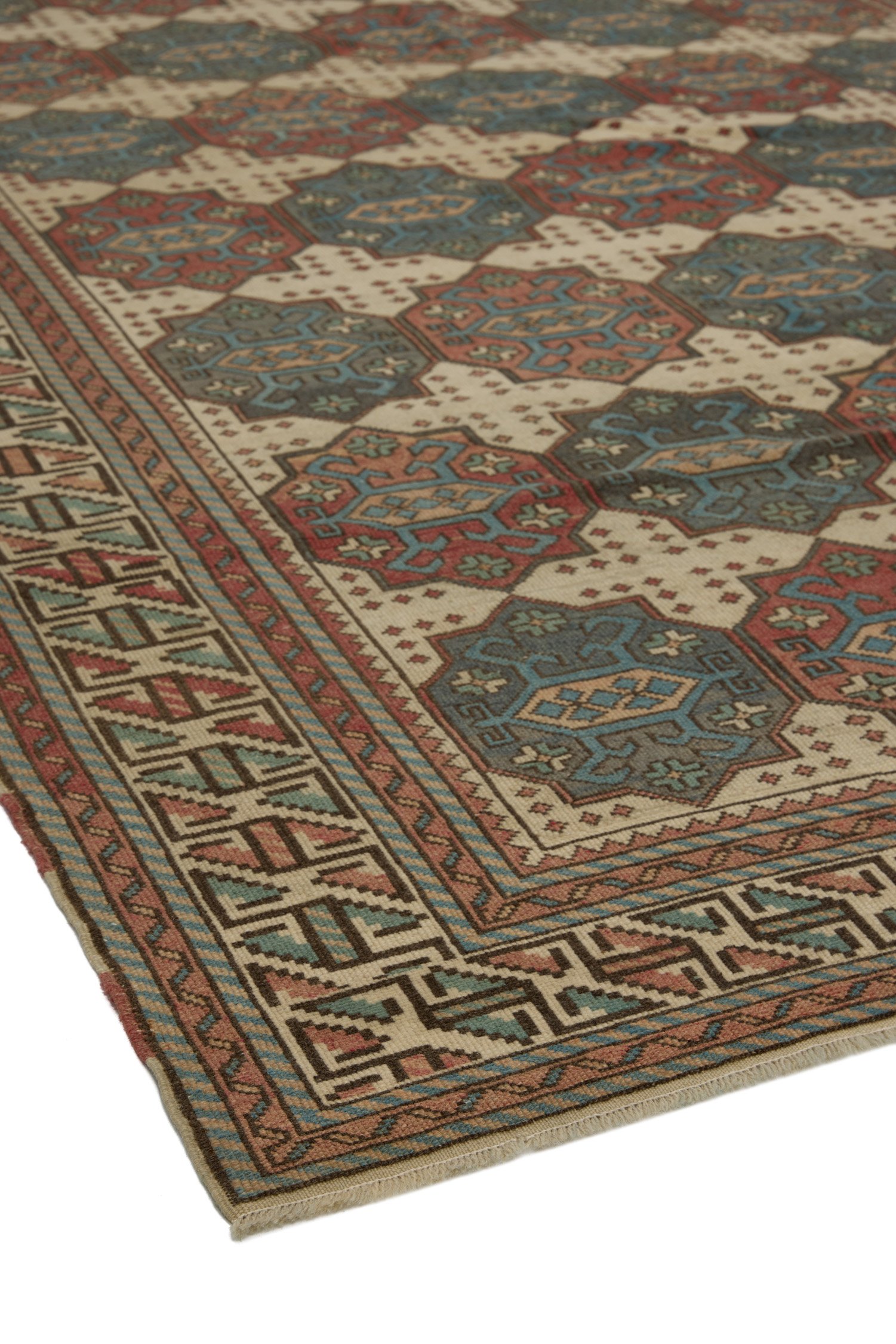 Left angle view of Turkish Oushak rug showing full pattern flow
