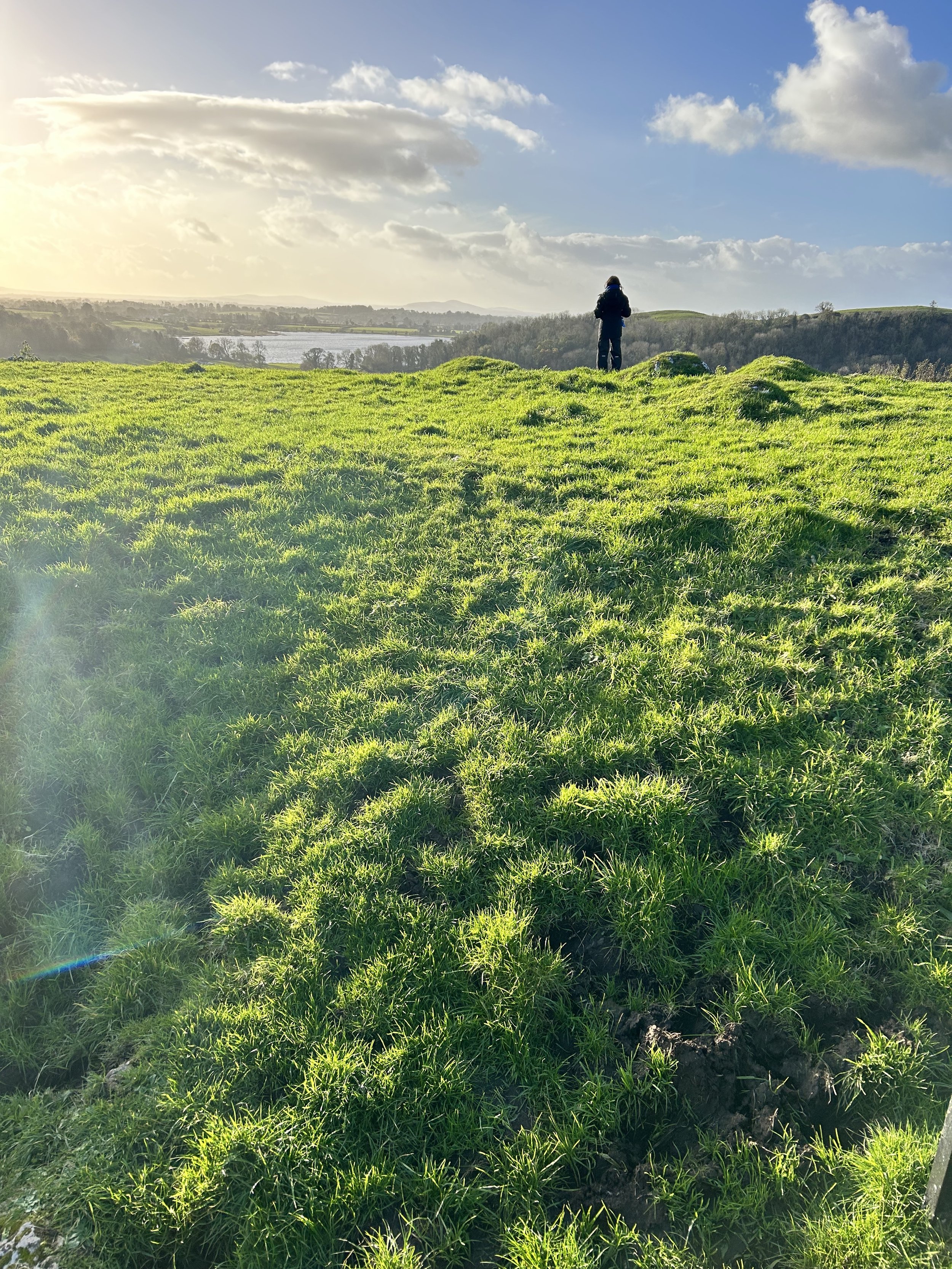 Person standing on grassy hill overlooking scenic landscape with lake and trees under a cloudy sky.