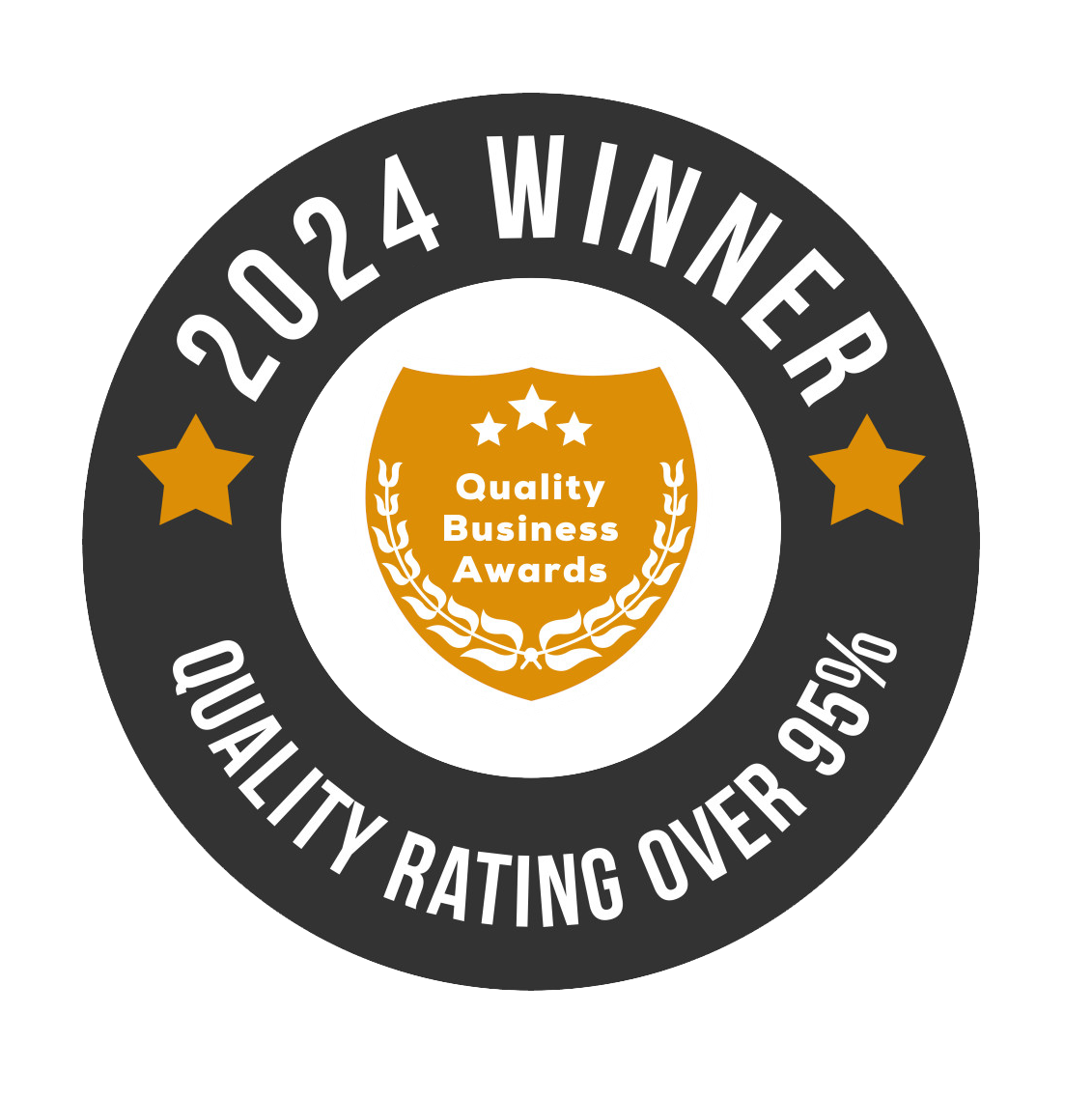 a round badge with text on it " 2024 winner quality business awards" quality rating over 95%