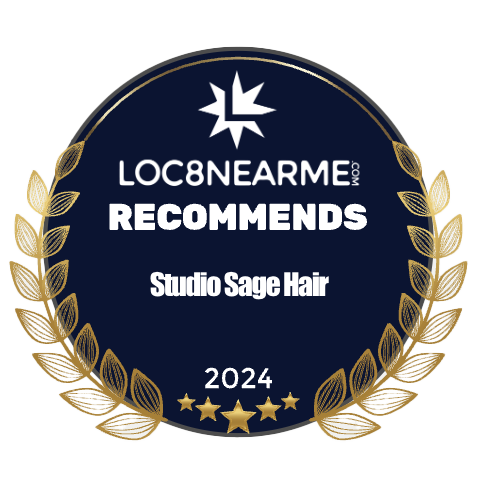 round badge that says "loc8nearme recommends Studio Sage Hair 2024"