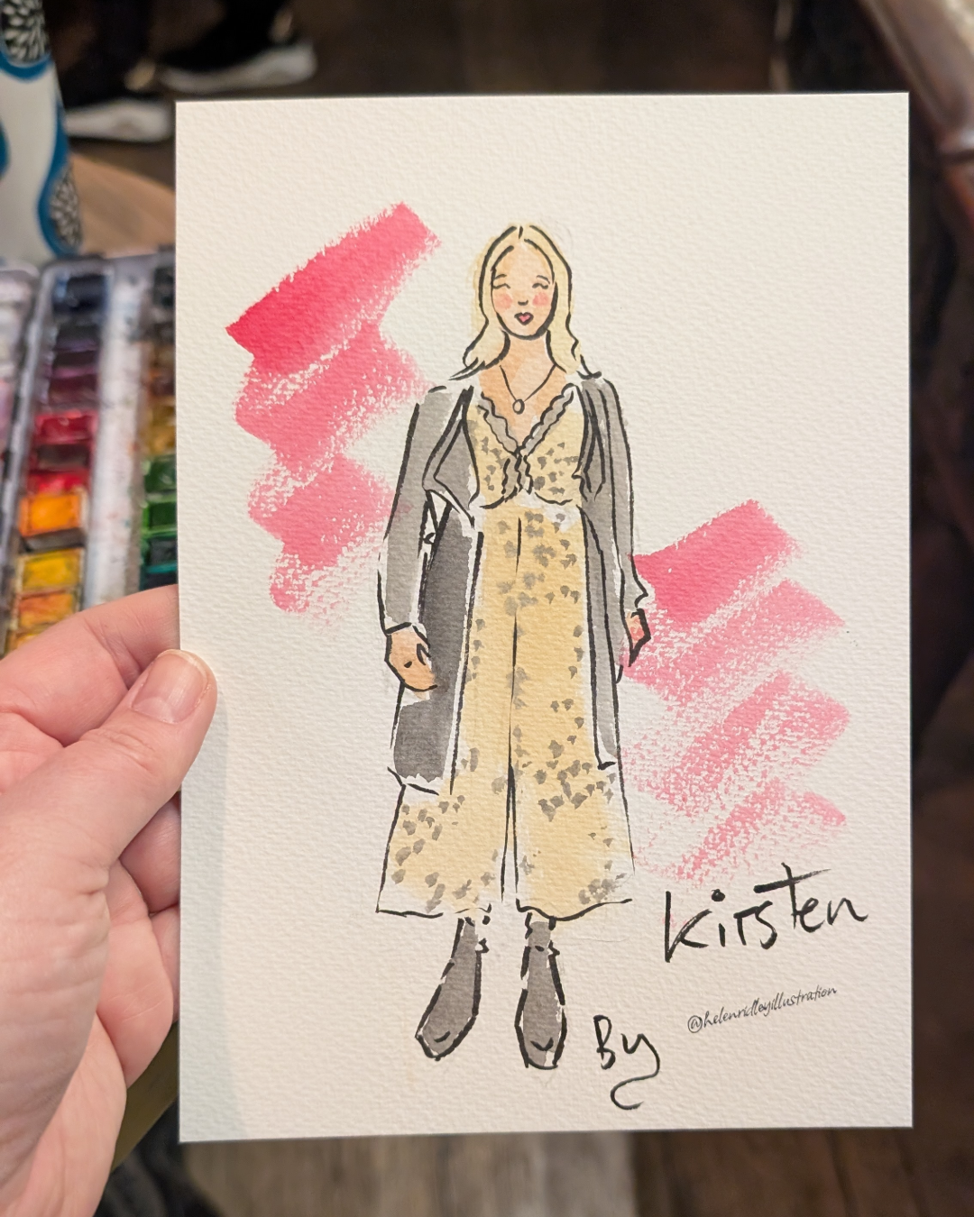 Custom hand painted watercolour portrait of a lady with grey cardigan and yellow dress illustrated by Helen Ridley