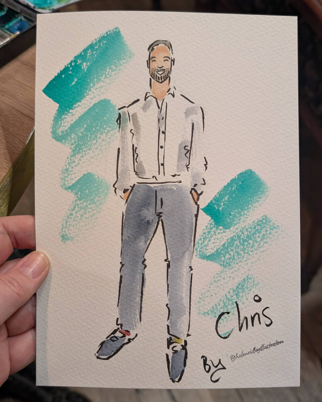 Custom hand painted portrait of a man in a suit at a networking event by Helen Ridley